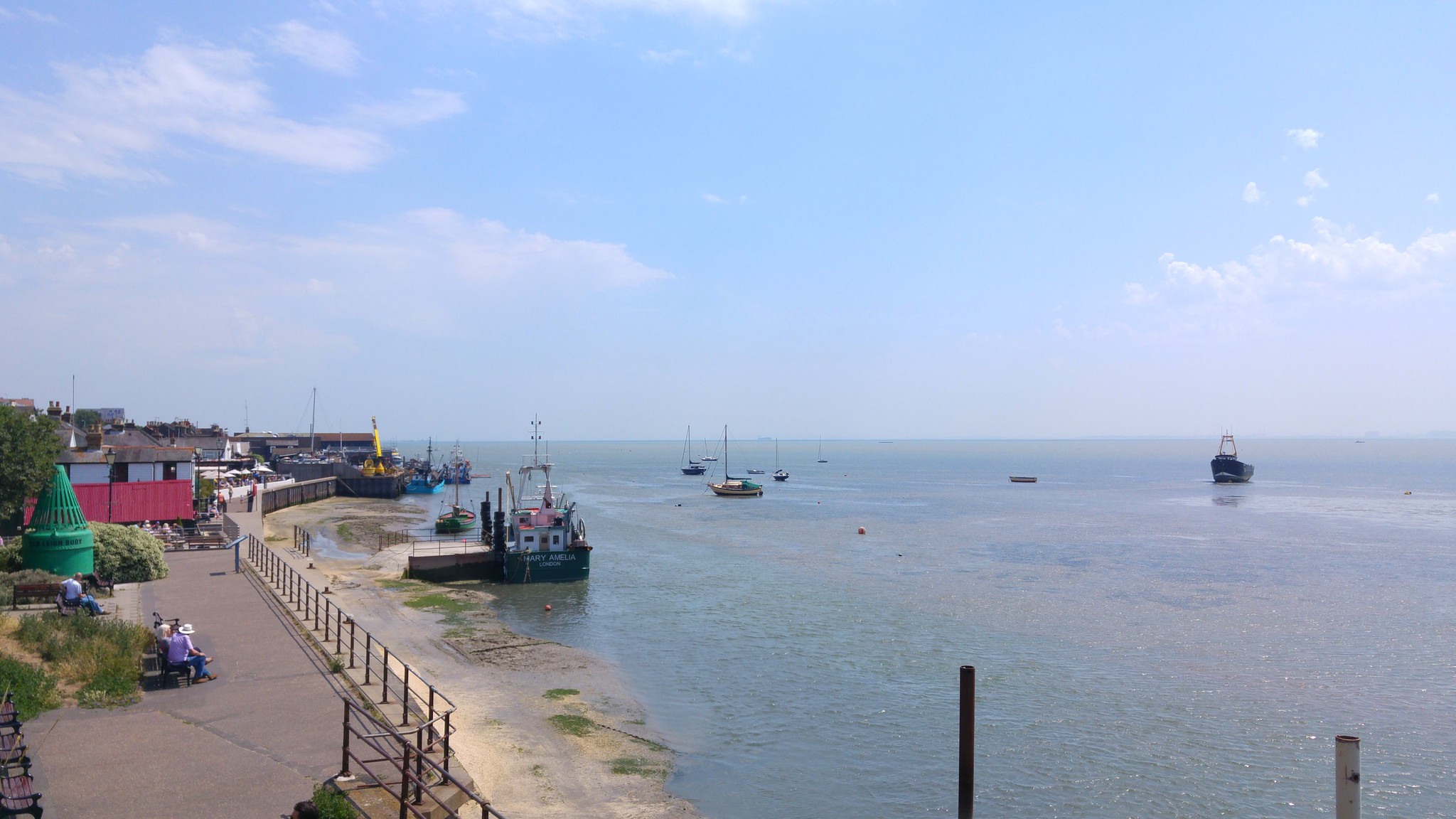 View across Old Leigh waterfront with boats moored on the Thames Estuary.